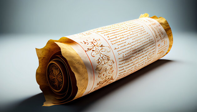Mockup of an ancien parchment sroll on alpha transparent background. AI generated