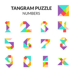 Tangram puzzle game with isolated vector Numbers.