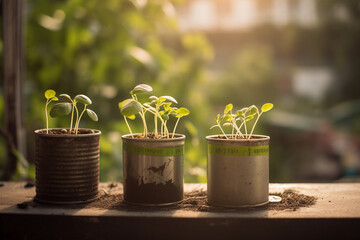 Close-up of vegetable seedlings planted in tins. ai generative
