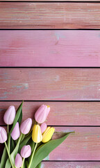 stunning spring-inspired artwork featuring a border of pink and yellow tulips on a vintage background. This unique digital art piece captures the essence of spring with its vibrant and colorful tulips
