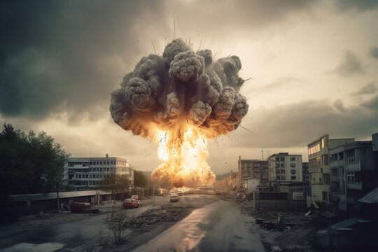 The explosion of a nuclear bomb in the city. ai generative