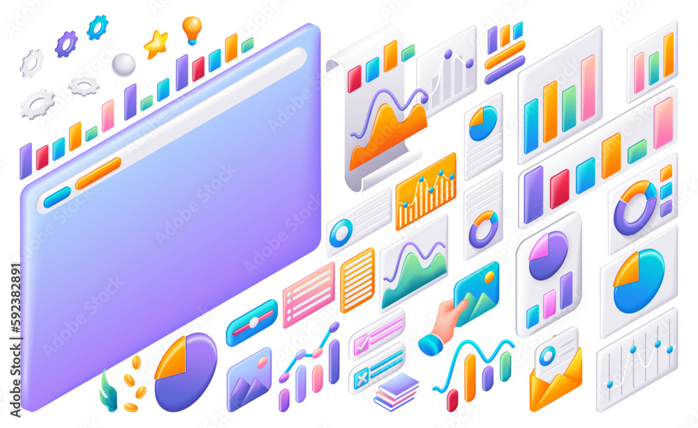 Aufkleber large isometric set of business and financial icons. cartoon diagrams and graphs for creating busine