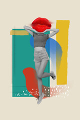 Vertical collage picture of black white gamma girl jumping huge red pouted lips instead head isolated on drawing background