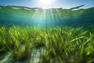 Micro Nature and Landscape Eelgrass, long slender leaves, green hues, submerged underwater, swaying motion, shallow coastal waters, sandy seabed, dappled sunlight 4 - AI Generative