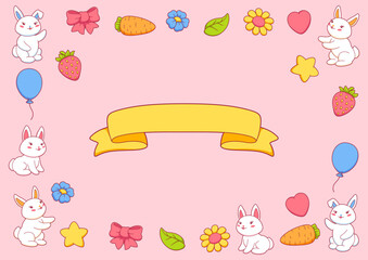 Background with cute kawaii little bunnies. Funny characters and decorations in cartoon style.