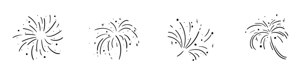 Doodle fireworks in doodle style. Hand drawn celebrate line elements. Festive highlight. Vector isolated illustration