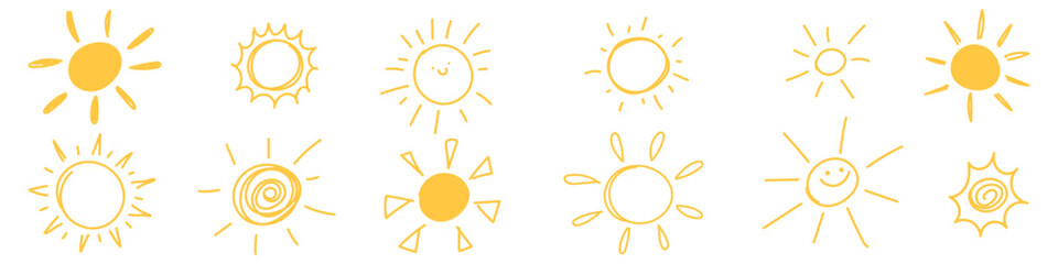 Doodle sun set. Funny yellow sun icons collection. Vector isolated illustration