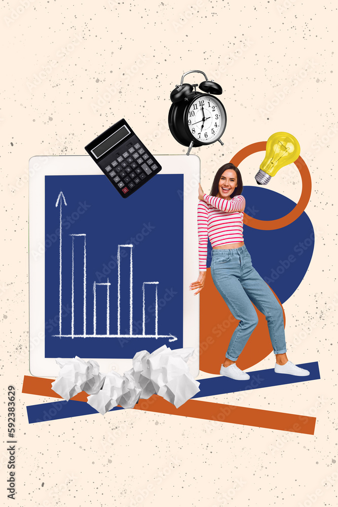 Poster collage 3d pinup pop retro sketch image of excited lady showing start up presentation isolated creat