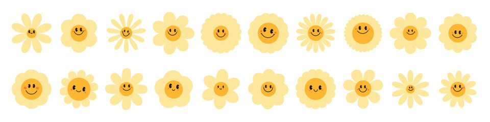 Daisy flowers.Retro chamomile smiles in cartoon style. Happy stickers set from 70s. Vector graphic illustration