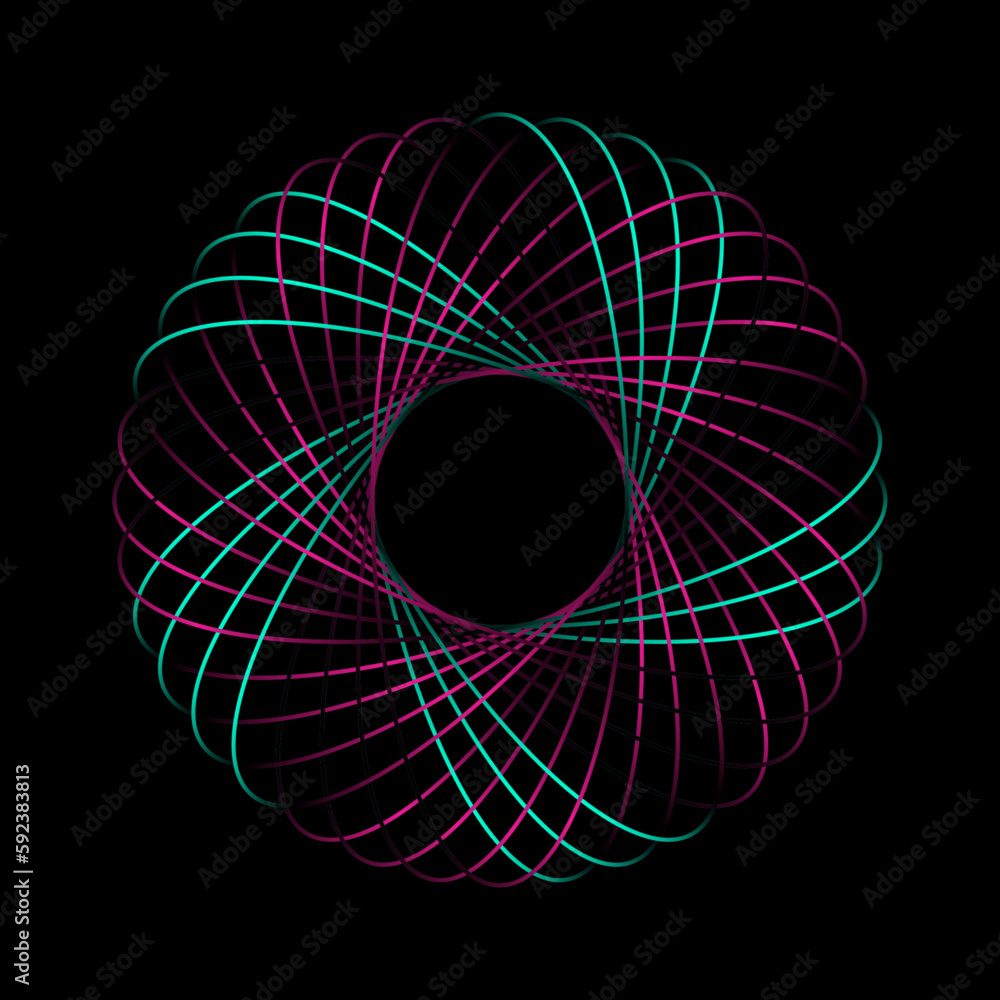 Fototapete Abstract colorful spectrum light lines weaving pattern in circle shape isolated on black background. Vector illustration in concept technology, science, music, modern. 