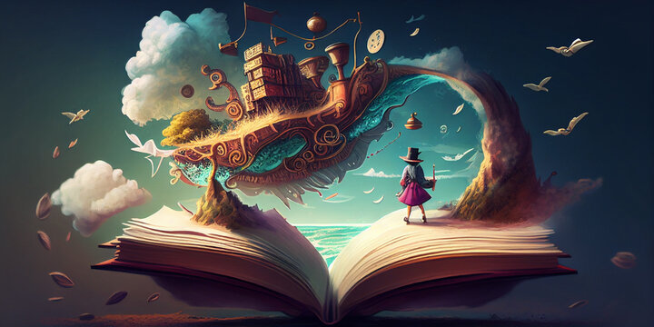 Surreal Illustration of Open Book with Imaginary World, Generative AI