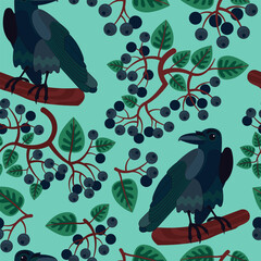 seamless pattern bright autumn berries and birds