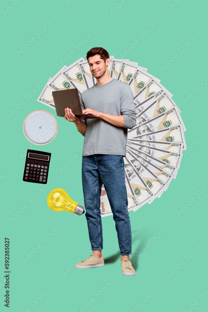 Poster vertical collage image of mini positive successful guy use netbook watch clock calculator light bulb