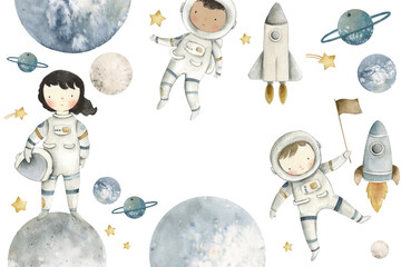 Astronaut watercolor illustration kids space art