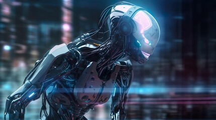Cybernetic robot in the city. Generative AI