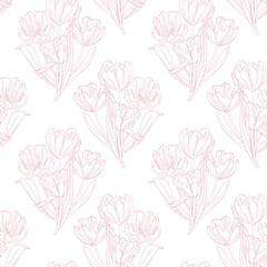 Line art pink tulips flower, spring background. Seamless pattern for textile