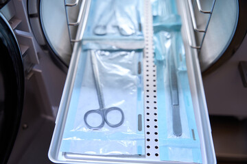 Top view of sterilizing medical instruments in an autoclave
