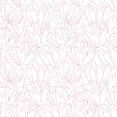 Line art pink tulips flower, spring background. Seamless pattern for textile