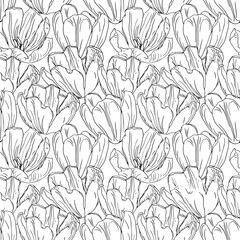 Black and white tulips flower, spring background. Seamless pattern for textile