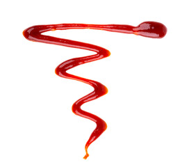 Red ketchup splashes isolated on white background. Drizzle of Barbecue sauce. Top view.