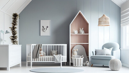 Modern minimalist nursery room in scandinavian style. AI generated