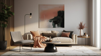 Stylish Living Room Interior with Mockup Frame Poster, Modern interior design, 3D render, 3D illustration	
