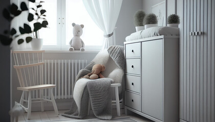 Modern minimalist nursery room in scandinavian style. AI generated