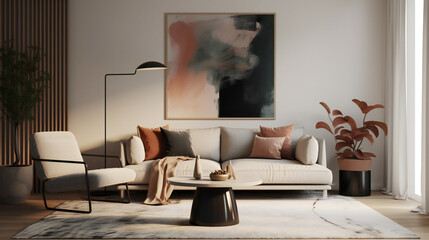 Stylish Living Room Interior with Mockup Frame Poster, Modern interior design, 3D render, 3D illustration	
