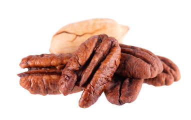 Pecan nuts isolated on white background. Shelled and unshelled pecan. Clipping path.