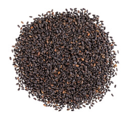 Basil seeds isolated on white background. Ocimum basilicum. Top view.