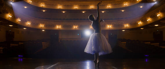 Ballet female dancer in ballet tutu dress practices choreography on theater stage and prepares to start show. Ballerina on rehearsal of performance. Illuminated theatrical hall. Classical ballet art.