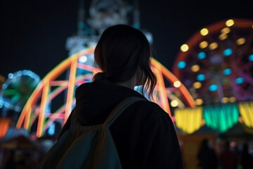 Obraz premium Girl in amusement park at night. Generative AI