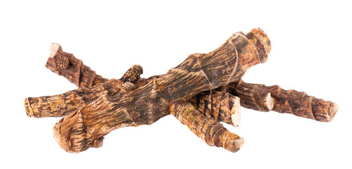 Calamus root isolated on white background. Sweet flag, sway or muskrat root, vasambu. Dry root of Acorus calamus. Top view.