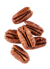 Pecan nuts in wooden bowl, isolated on white background. Shelled pecan. Clipping path.