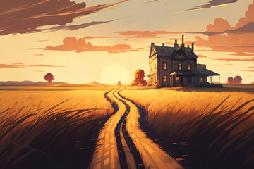 Fototapeta premium OLD HOUSE IN THE MIDDLE OF A WHEAT FIELD DIGITAL ART