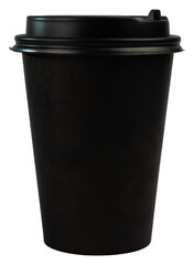Black paper coffee cup with lid isolated on white background. A glass for a takeaway fast food cafe.
