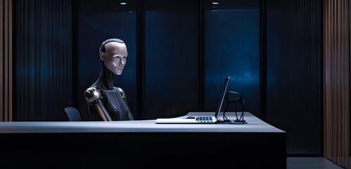 Futuristic AI chatbot robot  in an office, performing tasks that humans used to do. AI automation taking human jobs in the office (Generative AI)