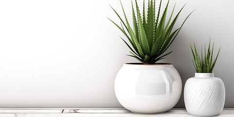 A modern pot with an Aloe vera plant displayed against a white wall was created - generative ai.