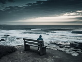 A person sitting alone on a bench, looking out at the sea