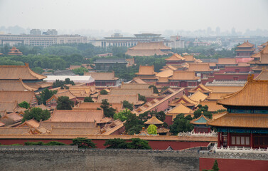 Top view of forbidden city in Beijing china. Roof tops of traditional Chinese buildings