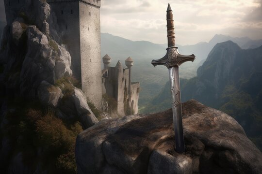 Landscape with sword in stone and medieval castle in the background, fantasy concept. Generative AI