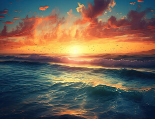 Fototapeta na wymiar Beautiful Tropical Ocean Sunset, Background, Graphic Resource. Generative AI