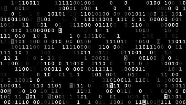 White binary code blinking on black background: programming, cyber security or artificial intelligence concept. Flickering digits 1 and 0 on digital screen. Visualization of big data processing.