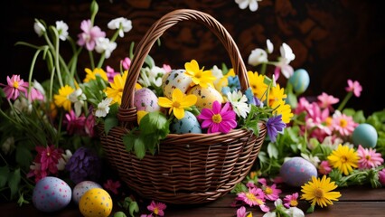 Obraz na płótnie Canvas A background image of a colorful Easter egg basket with flowers in the background #3
