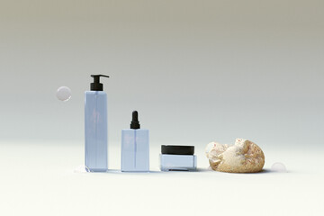 Mockup de flacons 3D photoréaliste routine soin dermatologique pour le bain bleu azur dans un...