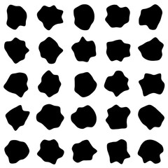 Set of 25 vector abstract art blob shapes with 15 points. Known as blotch shapes, liquid organic elements, pebble drops blob silhouettes and splashes. Use as pattern background.