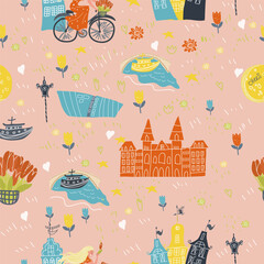 Holland, Netherlands, Amsterdam seamless pattern, hand drawn vector cartoon,  Illustration for guidebook, poster, travel booklet, fashion design.