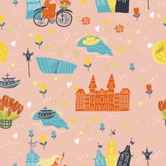 Fototapeta premium Holland, Netherlands, Amsterdam seamless pattern, hand drawn vector cartoon, Illustration for guidebook, poster, travel booklet, fashion design.