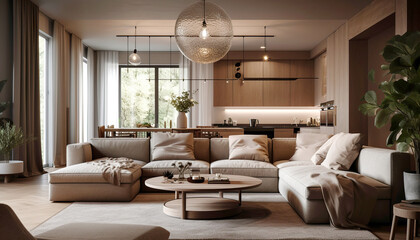 Fototapeta na wymiar Wooden kitchen in studio apartment. Interior design of modern living room. Created with generative AI