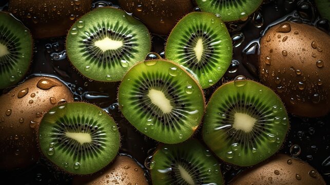 Fresh whole, half and sliced kiwi background with water drops. Close up